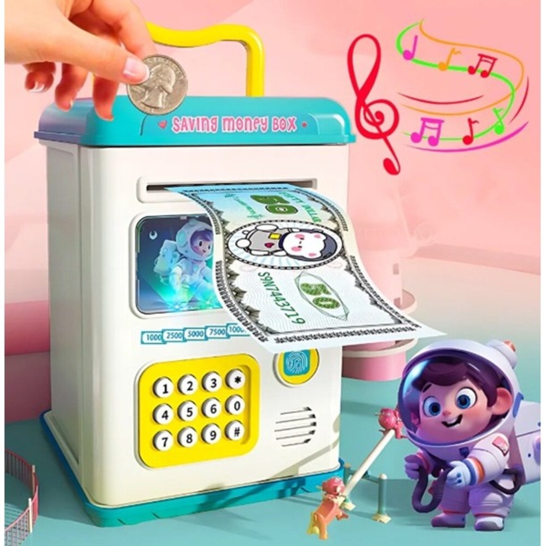 Set Pusculita pentru Copii, Flippy, Tip ATM, Parola cu Amprenta, 13.5 x 11.5 x 20 cm, Albastru