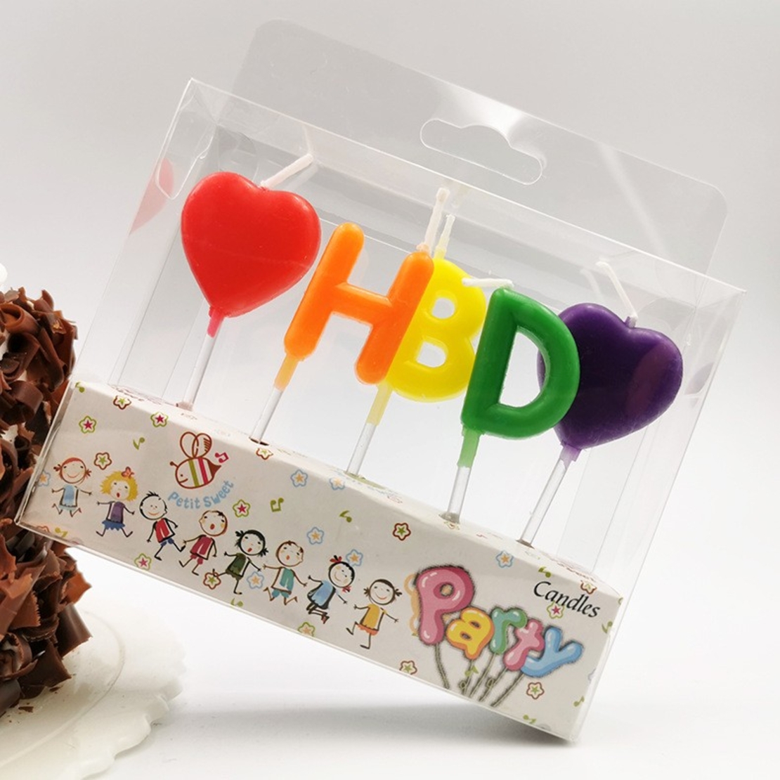 Set 5 Lumanari de Tort, Flippy, Model Inimi, Litere HBD, 1.8 x 2.7 cm, din Ceara, Multicolor
