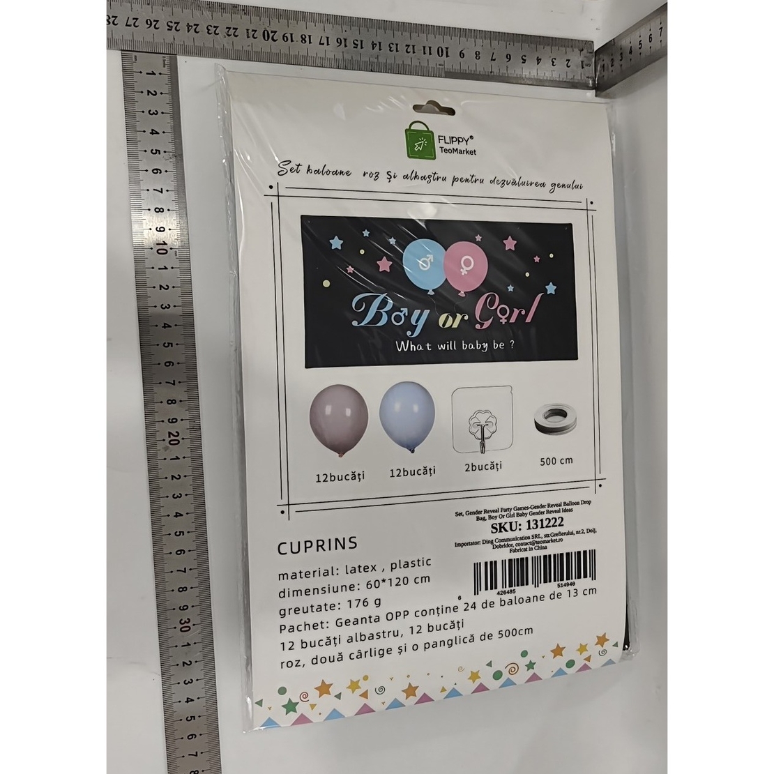 Set Gender Reveal, Flippy, Balloon Drop Bag, din Plastic si Latex, 24 Baloane Roz si Albastru 13 cm, Sac pentru Baloane 60 x 120 cm, Multicolor
