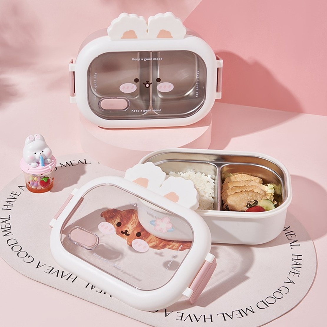 Cutie pentru Pranz sau Gustari, Flippy, cu Doua Compartimente, Model Iepuras, pentru Copii si Adulti, Etansare, PP, Perfect pentru Scoala si Birou, 1000 mL, 22x17.8x8 cm, Alb