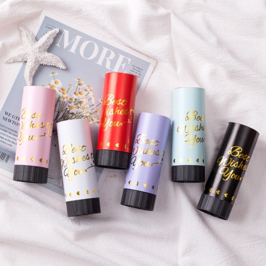 Tun de Confetti, Flippy, Best Wishes 11 x 4 cm, Model Buline din Hartie si Folie, Alb