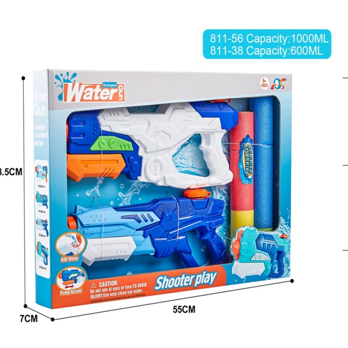Set 2x Pistol cu Apa pentru Copii, Rezervor, Pentru Piscina/Plaja, Flippy, 6ani+, Alb/Albastru + Albastru, 1000 ML + 600 ML