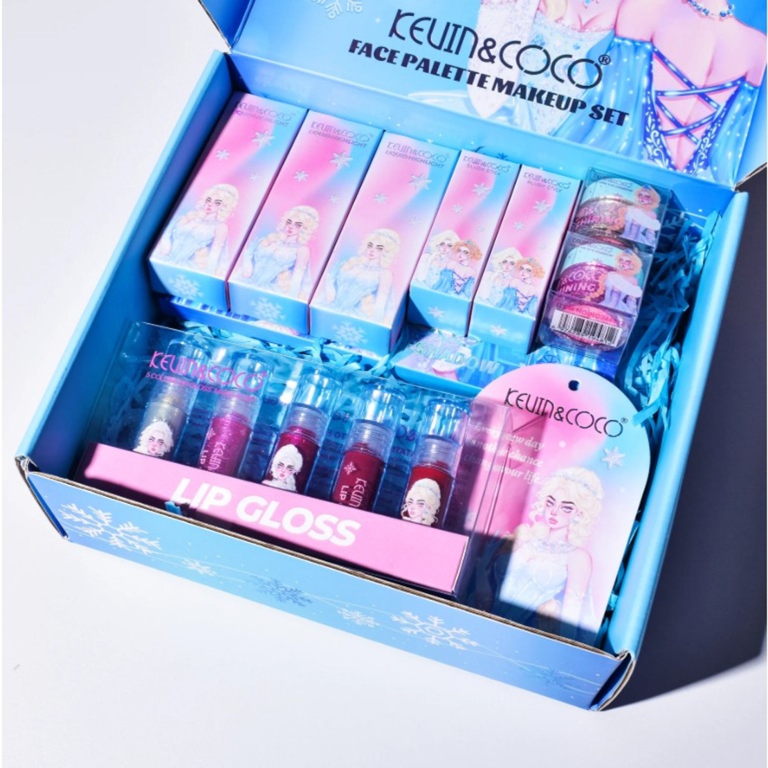 Set de Machiaj Kevin&Coco, 30 de Culori, Farduri de Pleoape, Iluminatoare Lichide, Lip Gloss-uri, Blush, Glitter, Model Regina Ghetii, 24.5x21.2x8.7 cm, Multicolor