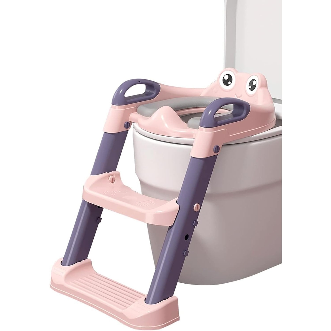 Reductor si Scaunel Inaltator WC, Flippy, pentru Copii 1 - 7 Ani, 2 Trepte Reglabile, Pliabil, Colac Moale, cu Spatar si Manere, Inaltime 54/58 cm x 39.5 x 35 cm, din Plastic+PVC, Roz/Mov