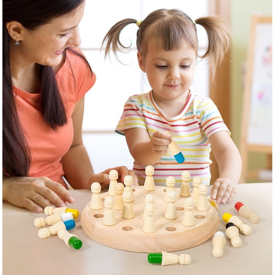 Joc de Memorie, Flippy, pentru Toata Familia, din Lemn, Diametru Tabla de Joc 17 cm, Interactiva, +4 Ani, 6 Culori, Multicolor