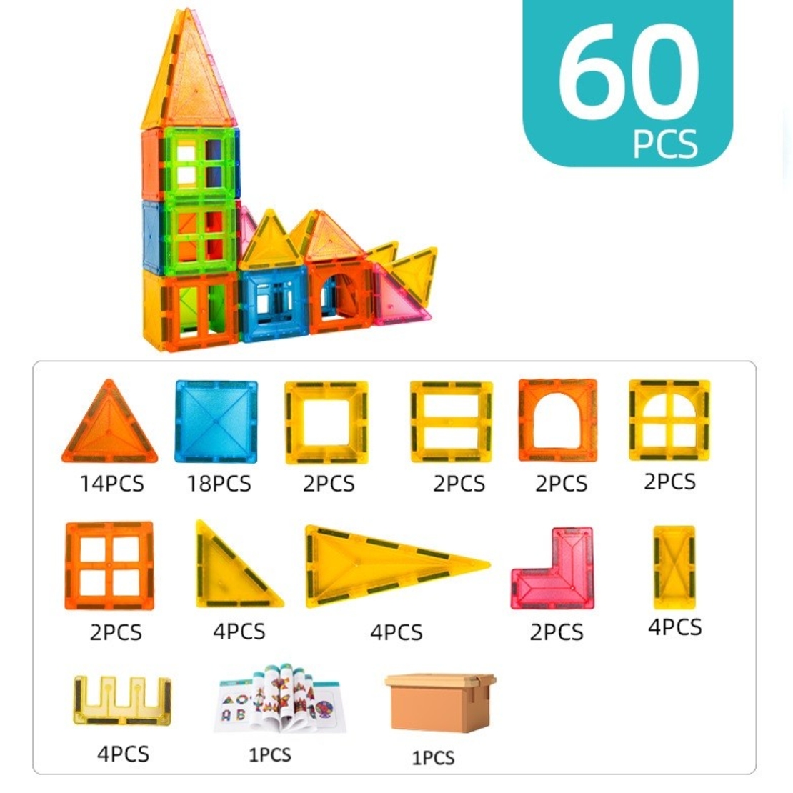 Set 60 de Piese Magnetice de Constructie, Flippy, Magnetic Tiles, Piese Mari, Forme Geometrice, 3 Ani, ABS, Magnet, 20.5 x 14.5 x 12 cm, Multicolor