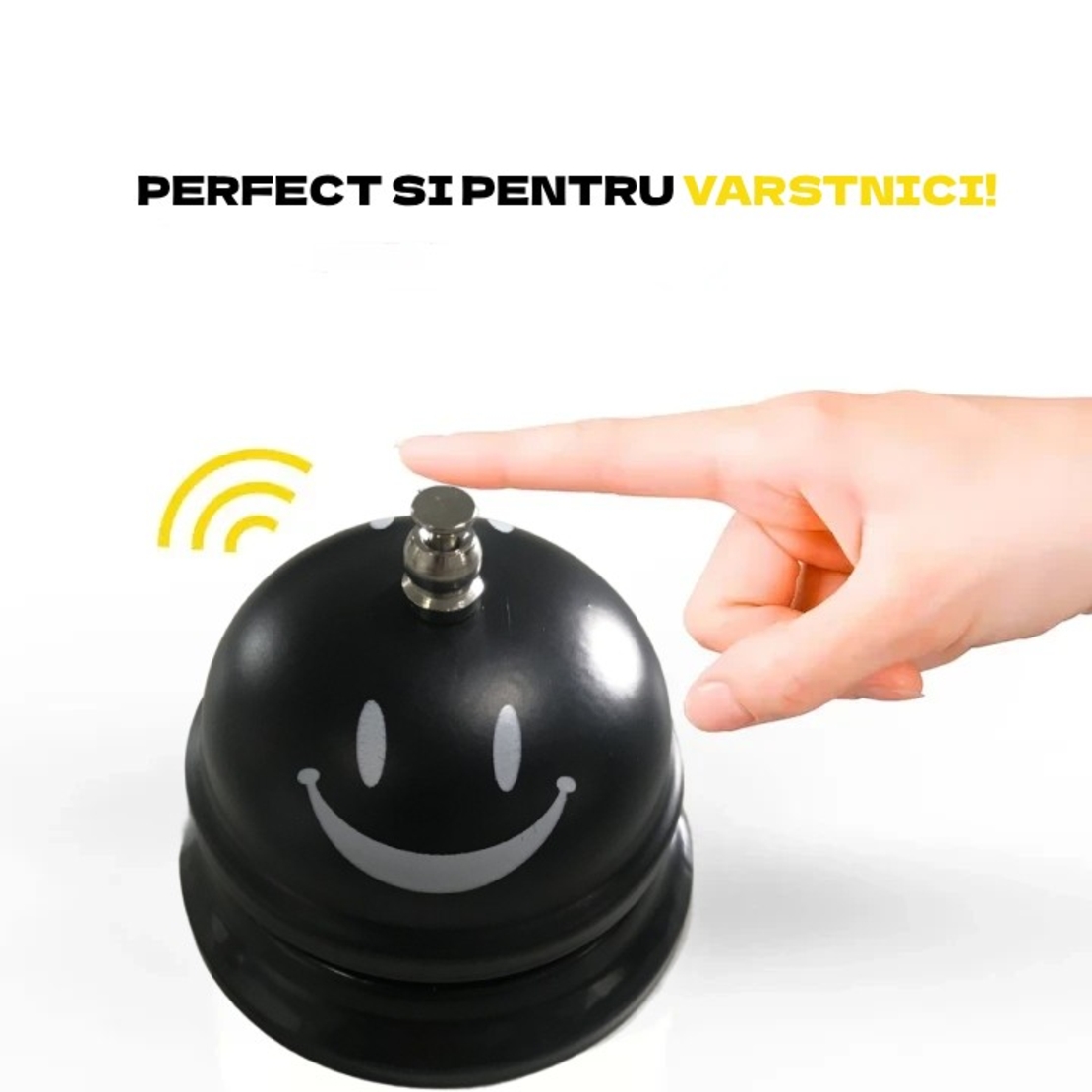 Clopotel Metalic Multifunctional, Flippy, Negru cu Imprimeu Smiley Face, 7.5x7.5x6.5 cm, Receptie, Restaurant, Cafenele