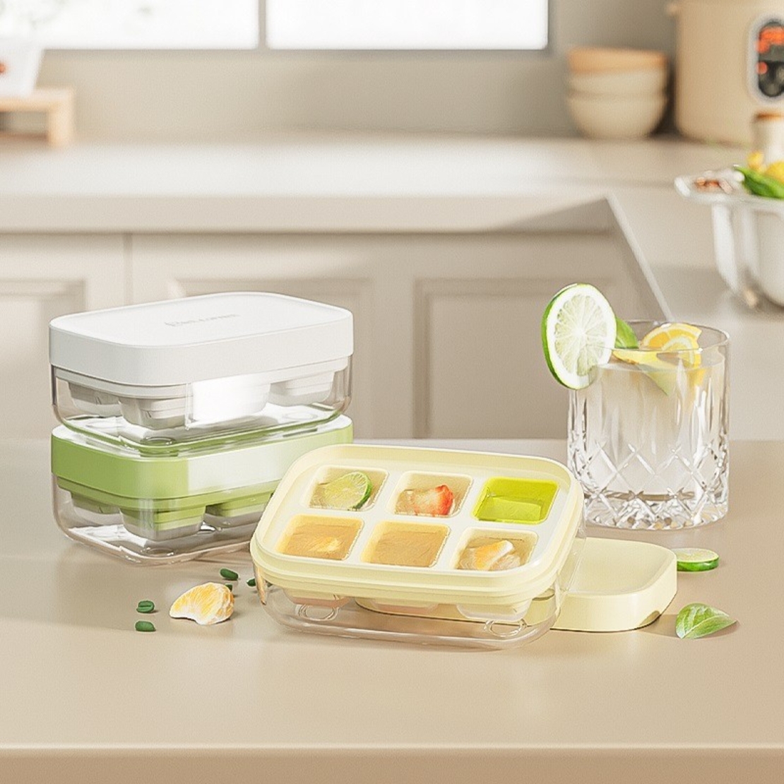 Forma pentru gheata cu presa Flippy, din silicon alimentar, 6 cuburi, caserola pentru depozitare, usor de folosit si curatat, 10.5 x 7.5 x 4.1 cm, galben