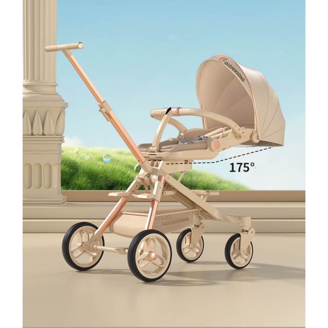 Carucior Sport Flippy 3in1, 6-36 Luni, Pliabil, Tavita pentru Masa, Pat de Dormit, Centura de Siguranta, Roti 360 Grade, Reversibil, Parasolar, Maner Reglabil, 64 x 35 x 100 cm, Bej