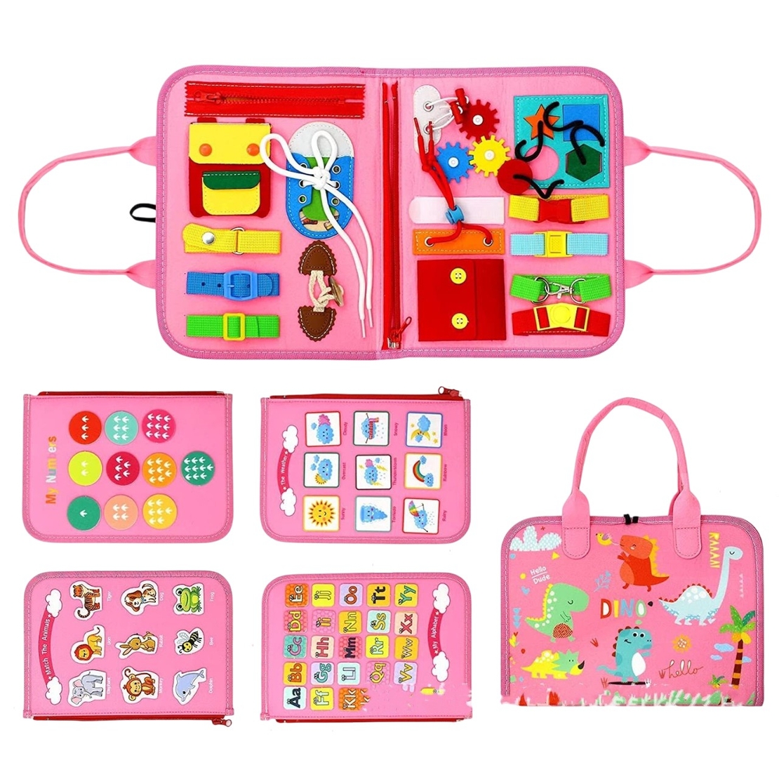 Carte Senzoriala Educativa Montessori 7in1, Flippy, 26 de Activitati, Dezvoltare Abilitati Motorii, 4 Pagini, Model Dinozauri, 28x22x7 cm, Roz