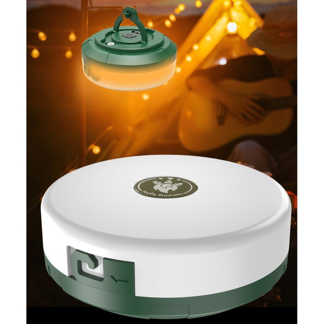 Lumină de camping LED încărcare USB, Flippy, șir colorat, pentru aer liber, cort, Distanta 10 metri, 1800mAH, 10.5x4.3 cm, Alb Verde