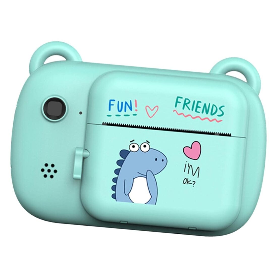 Camera Instantanee pentru Copii, Flippy, Camera Frontala + Selfie, cu Functie de Printare, Cablu USB-C, Bluetooth, Compatibil iOS/Android, Imprimare APP, Model Dino Love, Albastru