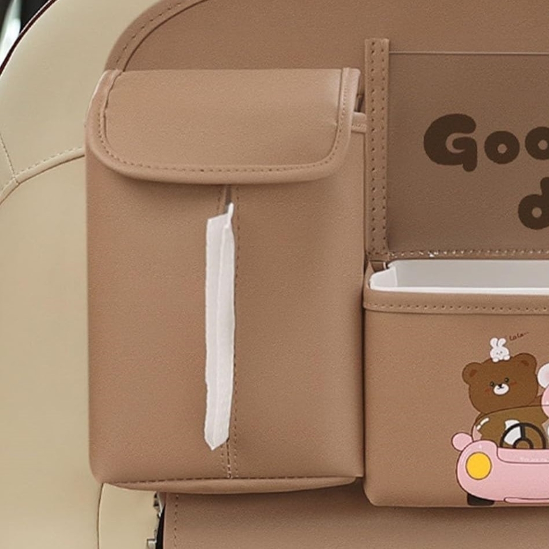 Geanta Multifunctionala de Depozitare, Flippy, pentru Bancheta din Spate a Masinii, Animat, Model Ursuleti, Scris Good Day, Suport Servetele si Telefon, 25x31 cm, Maro