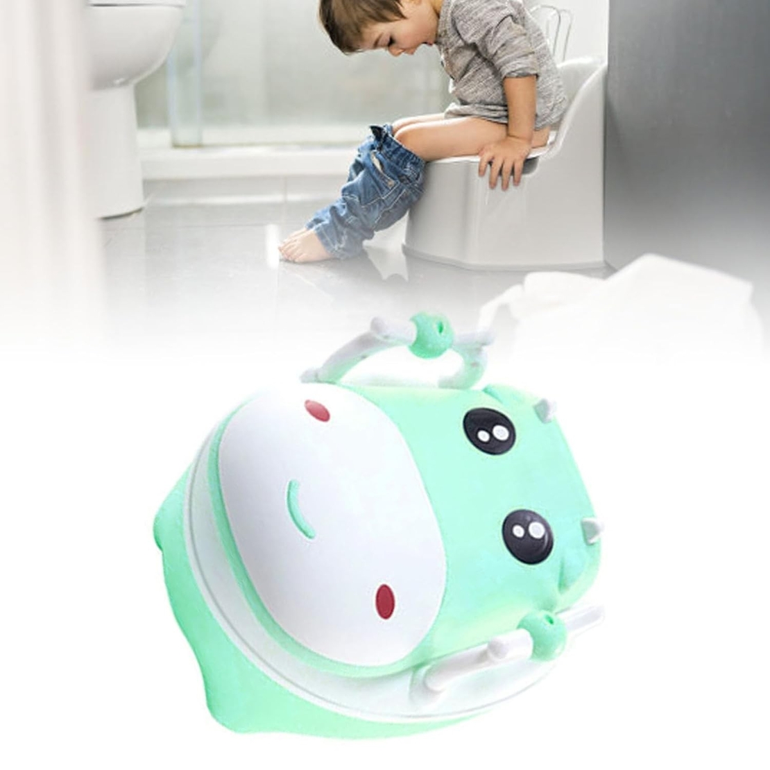 Olita pentru Copii, Flippy, +1an, Portabila, Design Vacuta cu Capac, Model Prietenos, Non-Toxic, cu Manere, Compartiment Detasabil, Perie Inclusa, Usor de Curatat, Verde