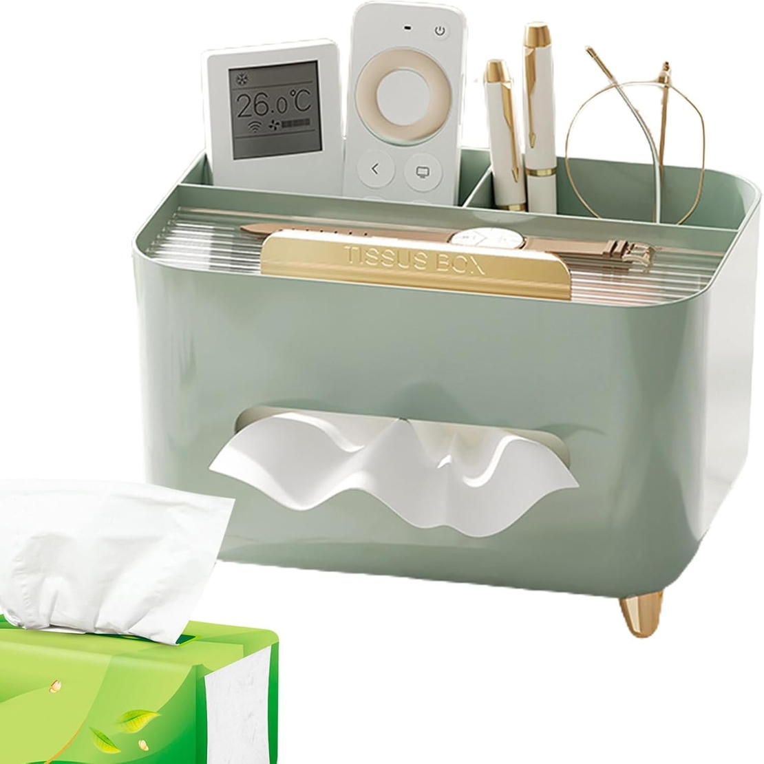 Suport pentru Servetele, Flippy, Cutie Multifunctionala, Design Minimalist, ABS, cu Suport pentru Obiectele Personale, pentru Birou, 21x15x13 cm, Verde