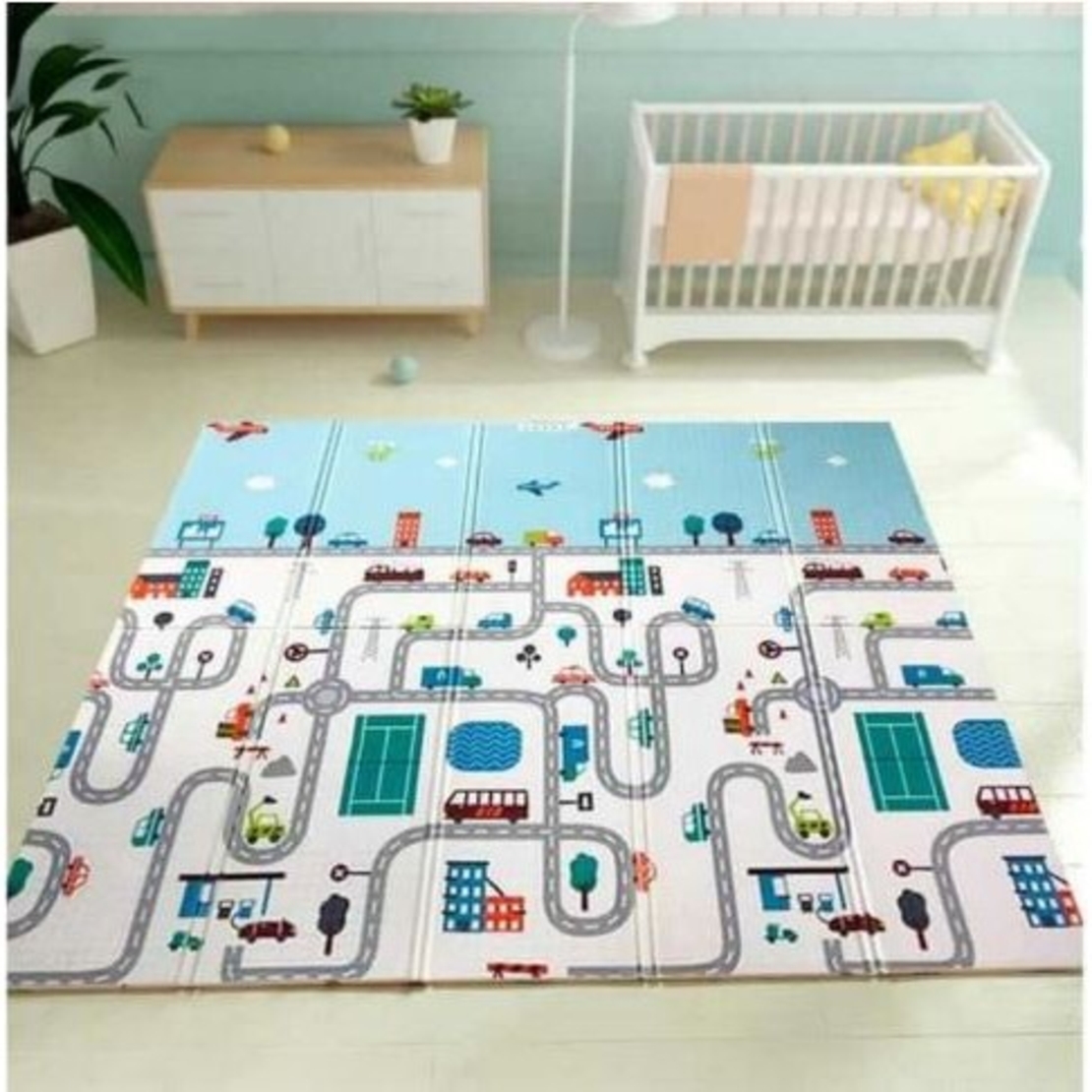 Covoras pentru Copii, Flippy, cu 2 Fete, Model Trafic/Girafe, din XPE+PE, Impermeabil, Antiderapant, Protectie Termica, +3 Luni, Pliabil, 180 x 200 x 1 cm, Multicolor