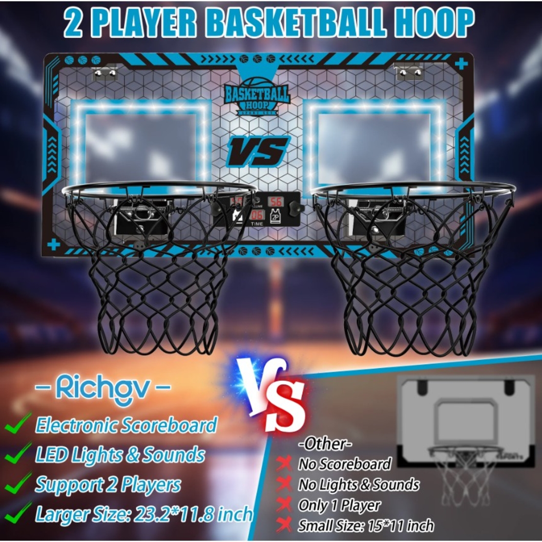 Set 2 Cosuri de Baschet pentru Copii, Flippy, cu Tablou de Bord Electronic, Pentru 2 Jucatori, Minge, Pompa, 2 Moduri, Interior/Exterior, Inel Metalic si Rabatabil cu Arc, Luminos, 60x31x6 cm, Multicolor
