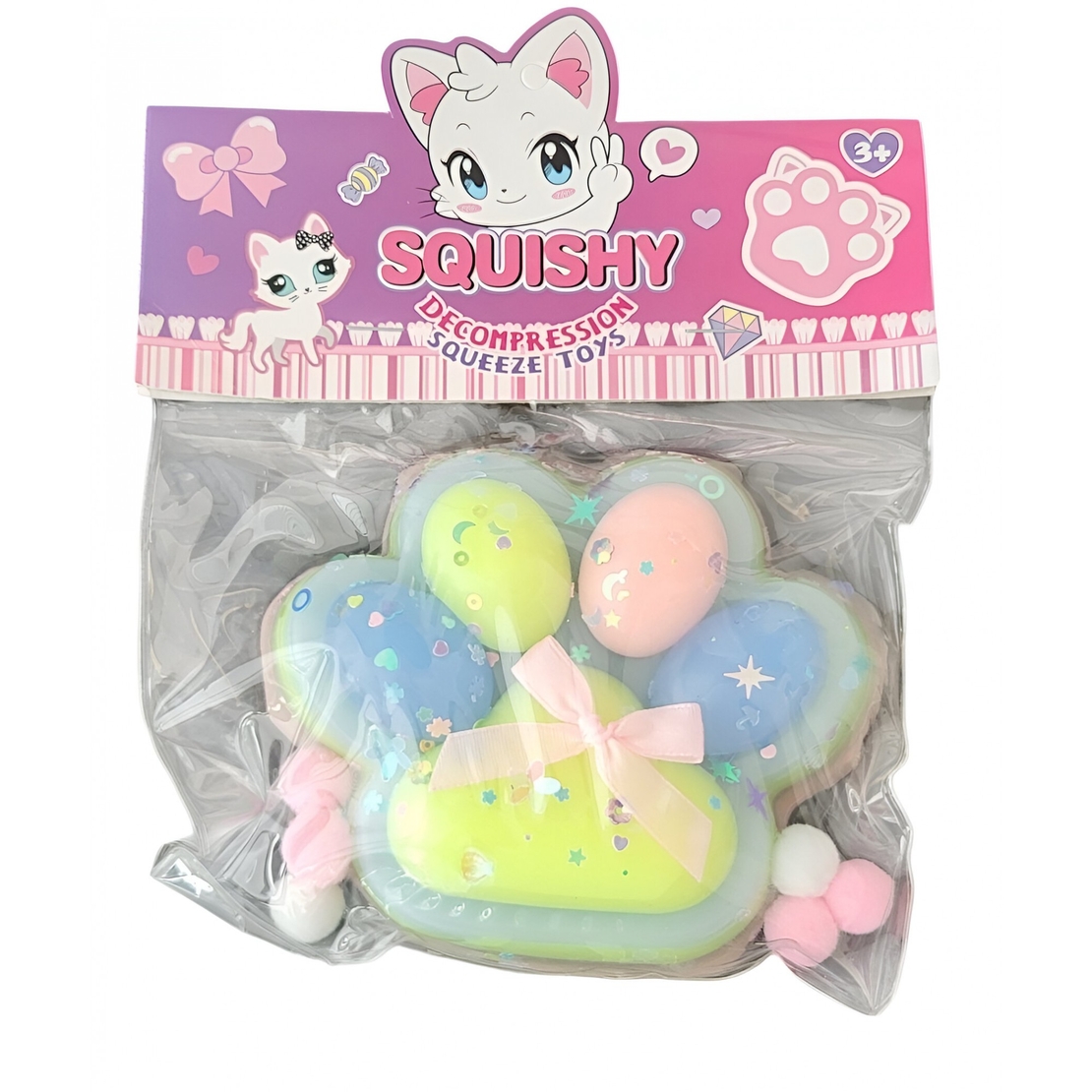 Jucarie Antistres Squishy, Flippy, cu Revenire Lenta,  Model Labuta de Pisica Pufoasa, 12.5x10.5 cm, 220g, Squeeze Pinch Family, Multicolor Albastru