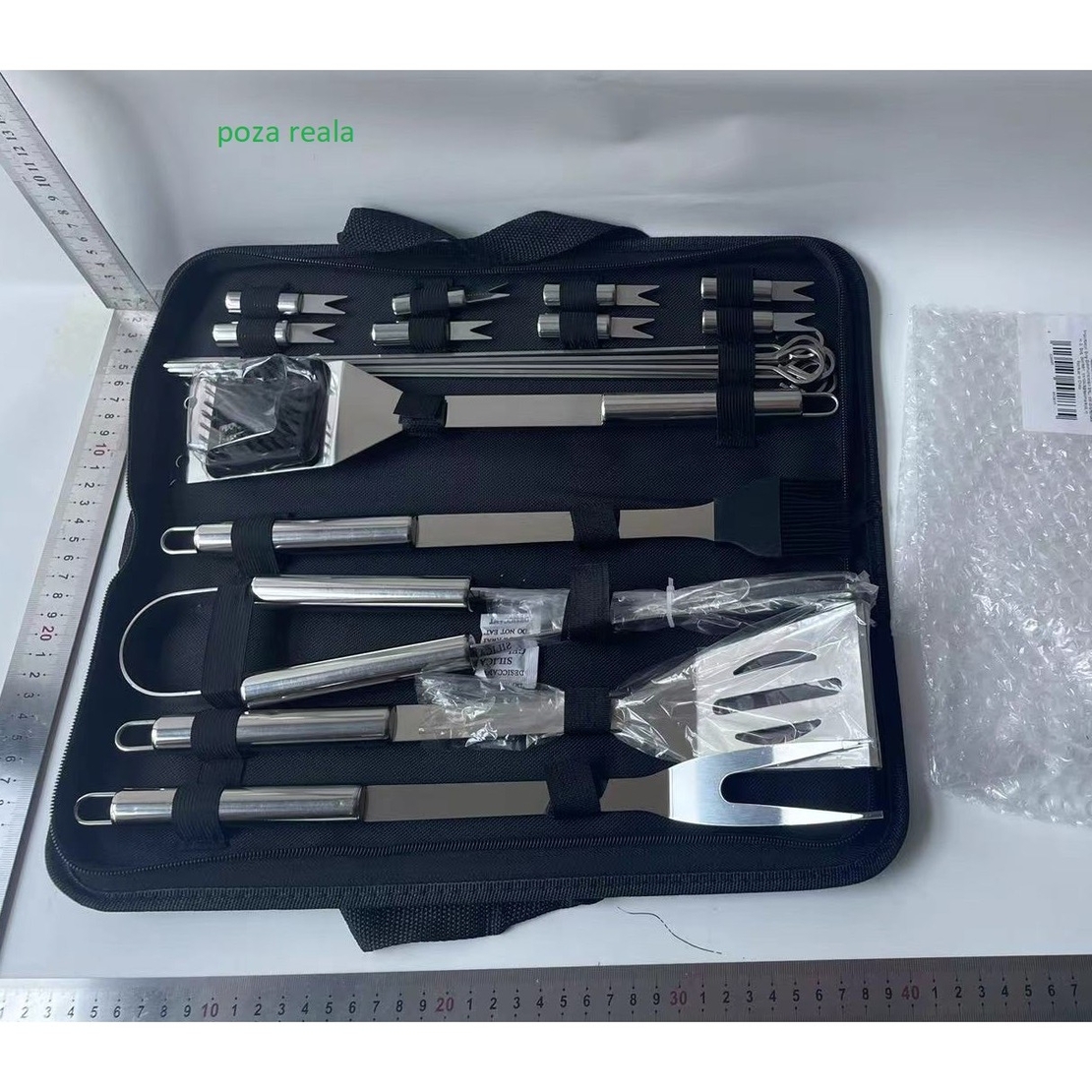 Set 18 Ustensile pentru Gratar, Flippy, din Otel Inoxidabil, Geanta Oxford, Argintiu