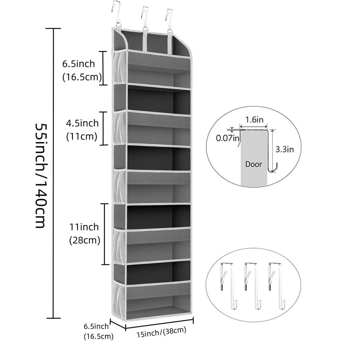 Organizator Suspendat pentru Usi, Flippy, din Nailon si Plasa, Baza de Carton Ingrosat, 5 Buzunare Principale + 10 Buzunare Laterale, 140 x 39 x 17 cm, 3 Carlige Incluse, Gri
