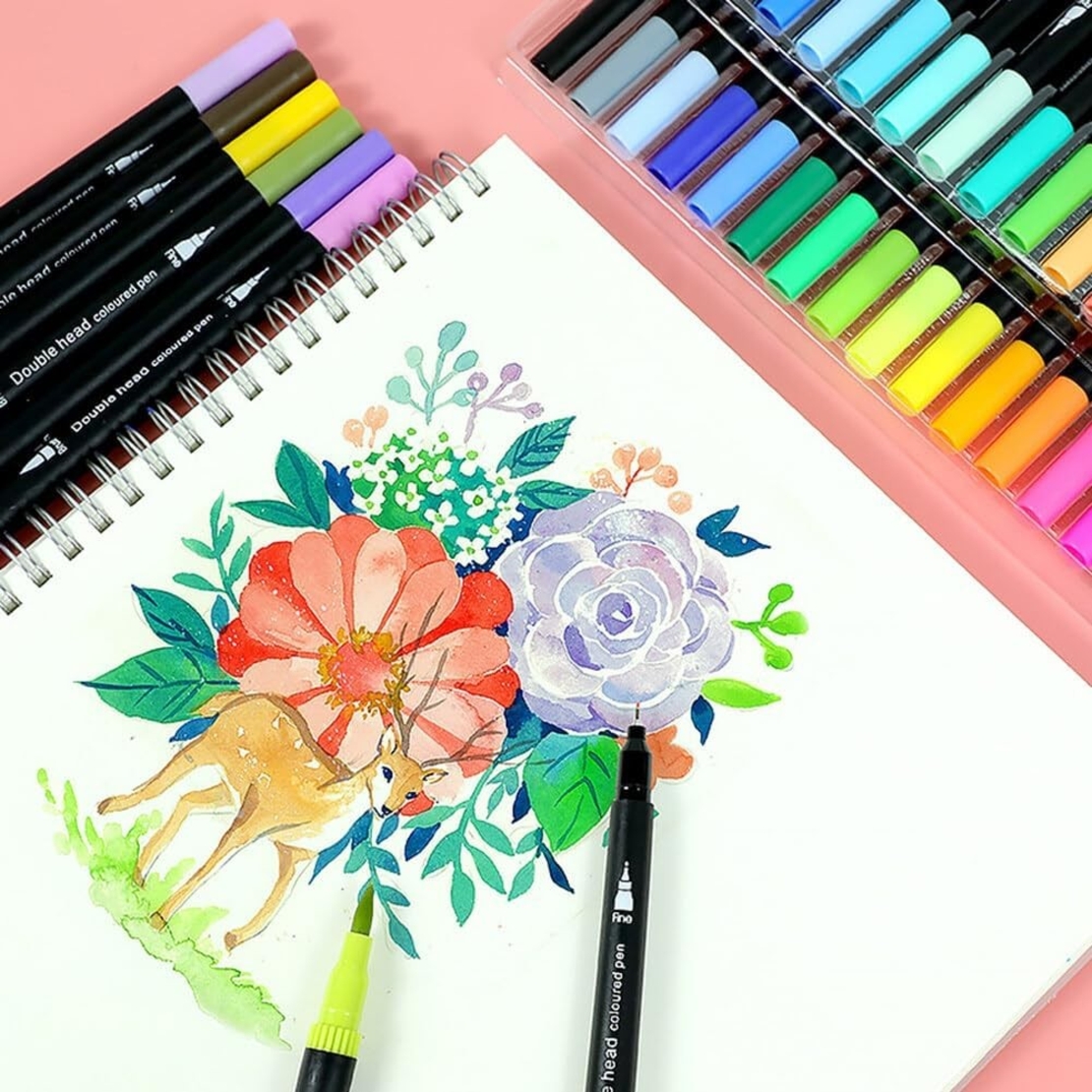 Set Carioci pe Baza de Apa, Flippy, 2 in 1, pentru Pictura, Caligrafie, 60 Culori, Penar Negru, Corp Carioca Negru, 26.5 x 17.5 x 4.5 cm, Multicolor