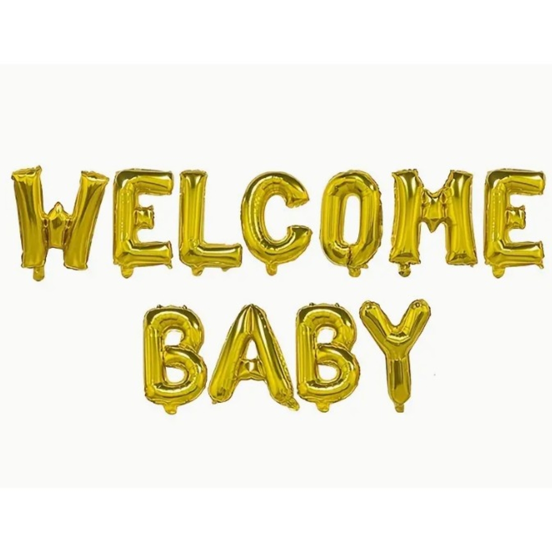Set Baloane din Folie Metalizata, Flippy, Model Welcome Baby, Litere de 40 cm, Baloane Party, Ambalaj Individual, Pai, Ata si Adeziv Incluse, Umflare cu Aer sau Heliu, Auriu