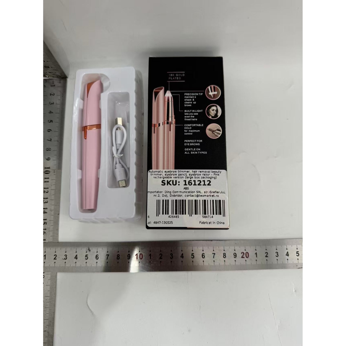 Trimmer Facial, Flippy, pentru Sprancene, Incarcare USB, 1.5 x 13 cm, din ABS, Roz