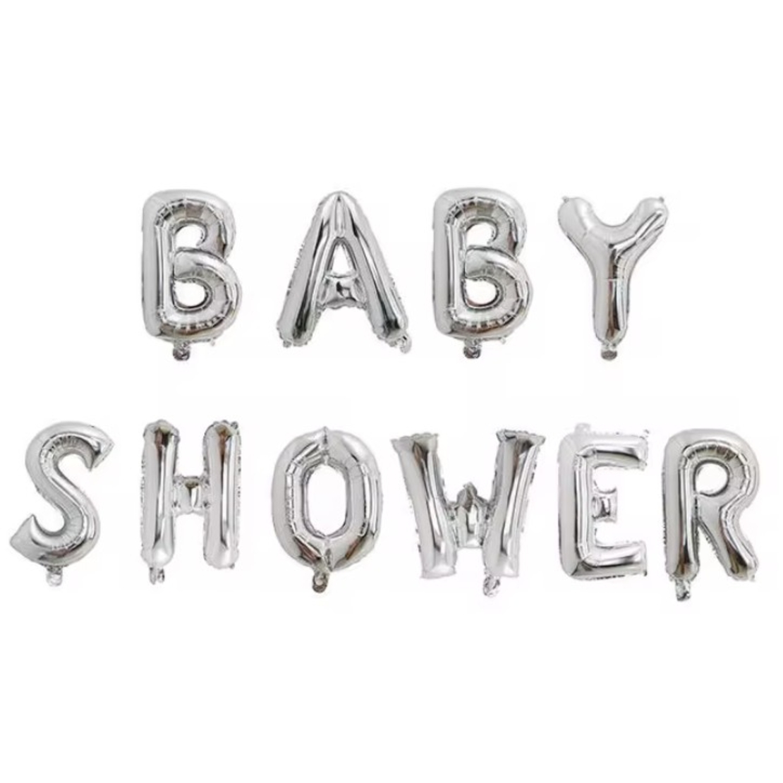 Set Baloane din Folie Metalizata, Flippy, Model Baby Shower, Litere de 40 cm, Baloane Party, Ambalaj Individual, Pai, Ata si Adeziv Incluse, Umflare cu Aer sau Heliu, Argintiu