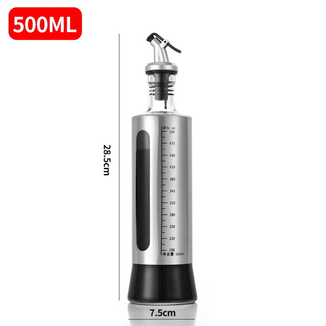Sticla de ulei, Flippy, Sticla de Ulei din Otel Inoxidabil, Sticla pentru Lichide de Bucatarie, Sticla pentru Lichide de Gatit, 28.5 x 7.5 cm, volum 500 ml, Gri Transparent