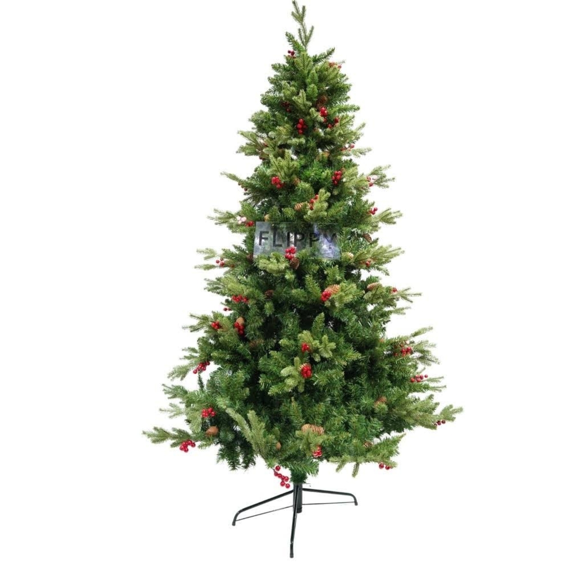 Brad Artificial de Craciun Bogat, Decorat cu Conuri Pin Rosii, pentru Interior/Exterior, Inaltime 120 cm, Flippy, Verde, suport metalic inclus