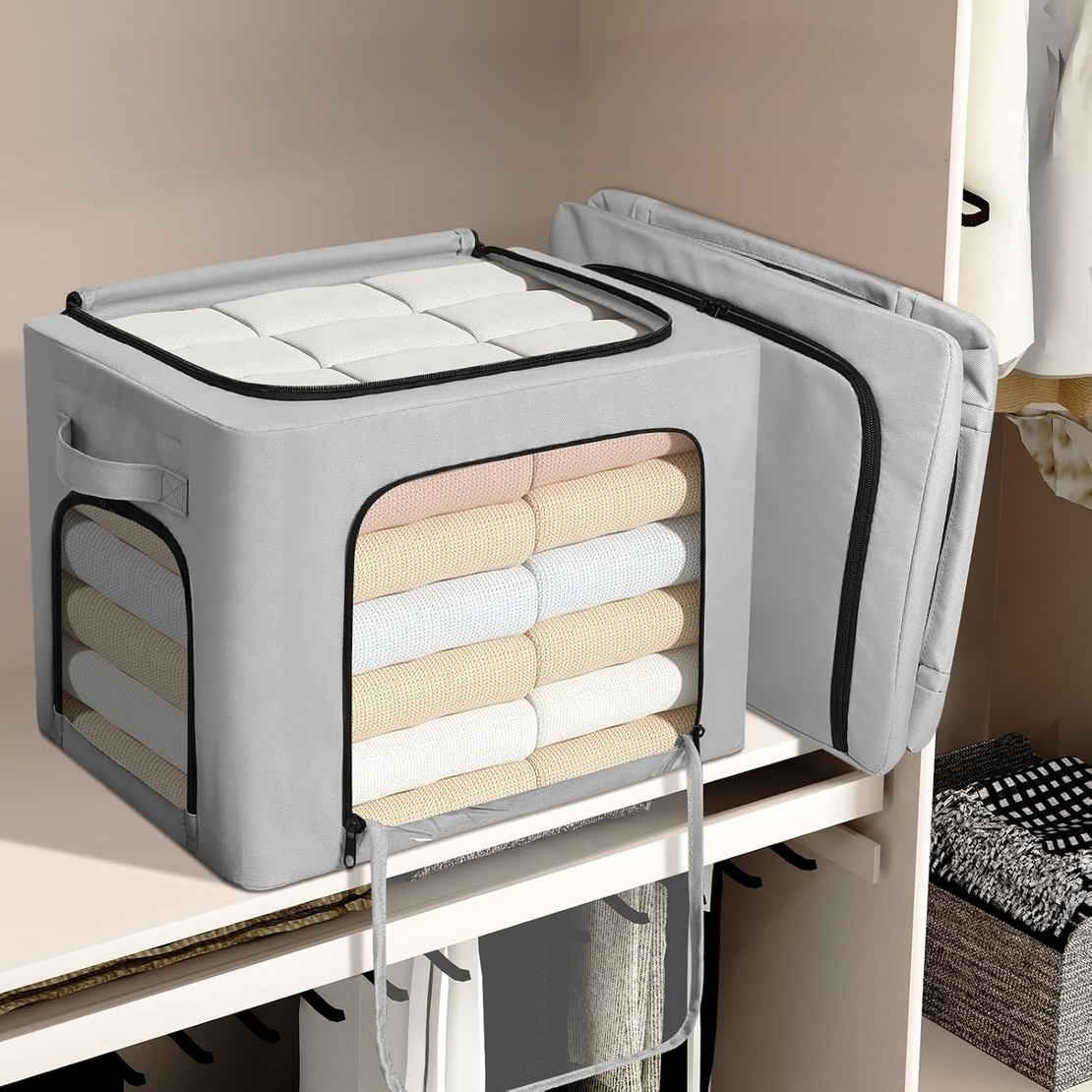 Cutie de Depozitare, Flippy, cu 3 Ferestre cu Fermoar Bidirectional, Cadru din Otel, Impermeabil, 38L, 42 x 30 x 30 cm, Gri