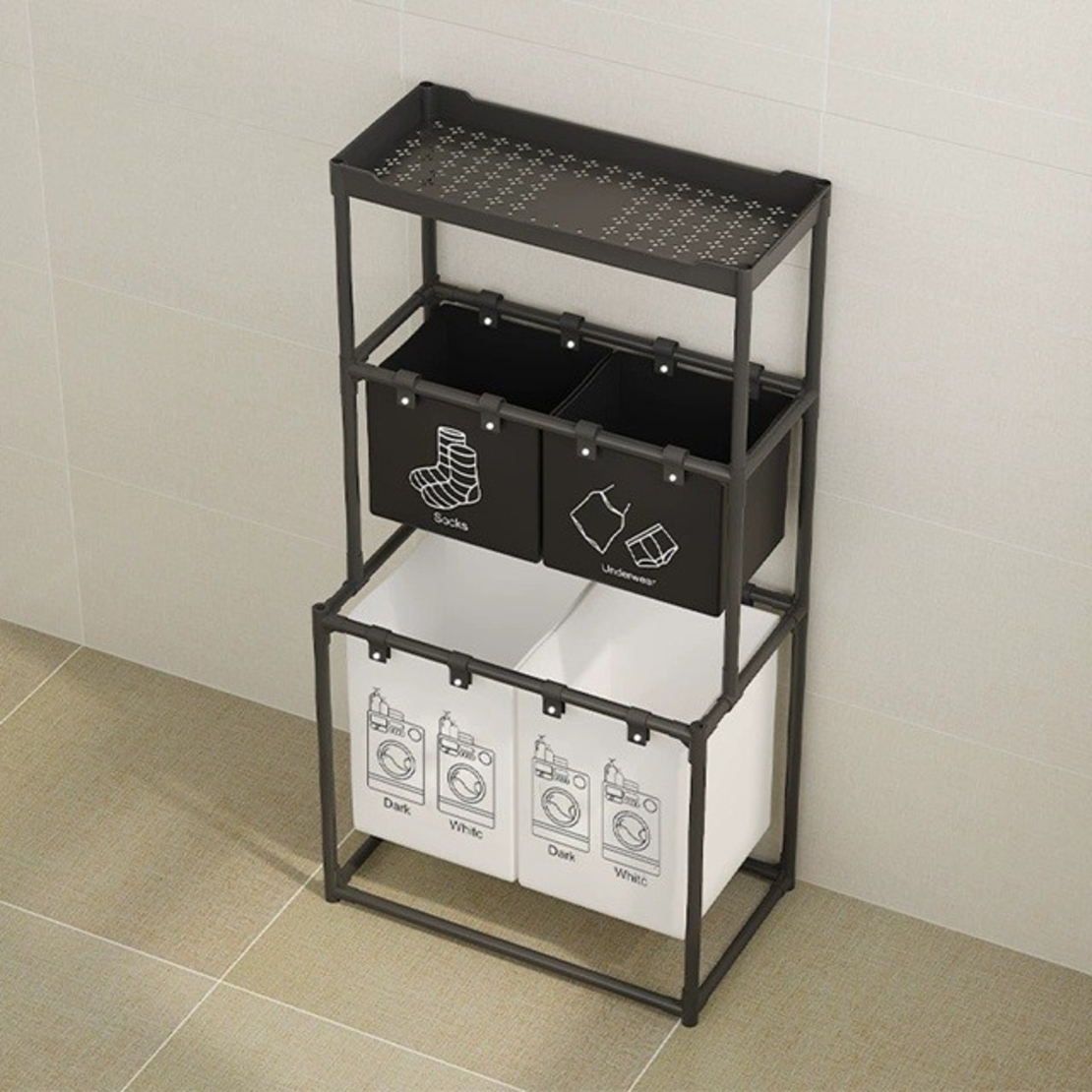 Cos de Rufe, Flippy, 3 Rafturi, 4 Cosuri, Cadru de Otel Inoxidabil, 123x44x57 cm, Negru