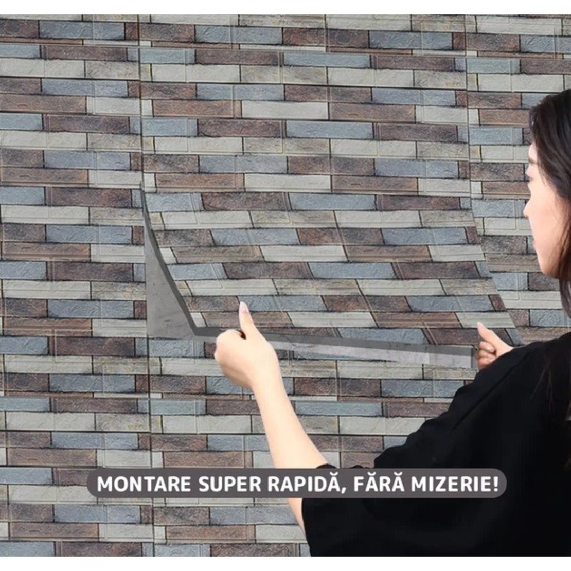 Set 10 Placi Tapet 3D, Flippy, 70 x 77 cm, Grosime 3 mm, din Polietilena, Model Caramida, Suprafata acoperita 5.3 mp, Piatra Colorata