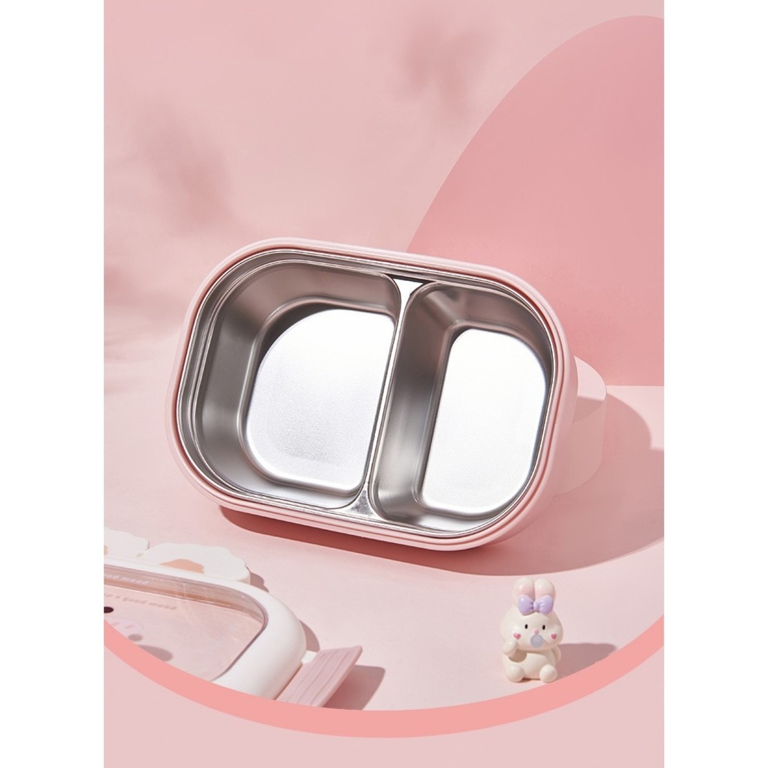Cutie pentru Pranz sau Gustari, Flippy, cu Doua Compartimente, Model Iepuras, pentru Copii si Adulti, Etansare, PP, Perfect pentru Scoala si Birou, 1000 mL, 22x17.8x8 cm, Roz