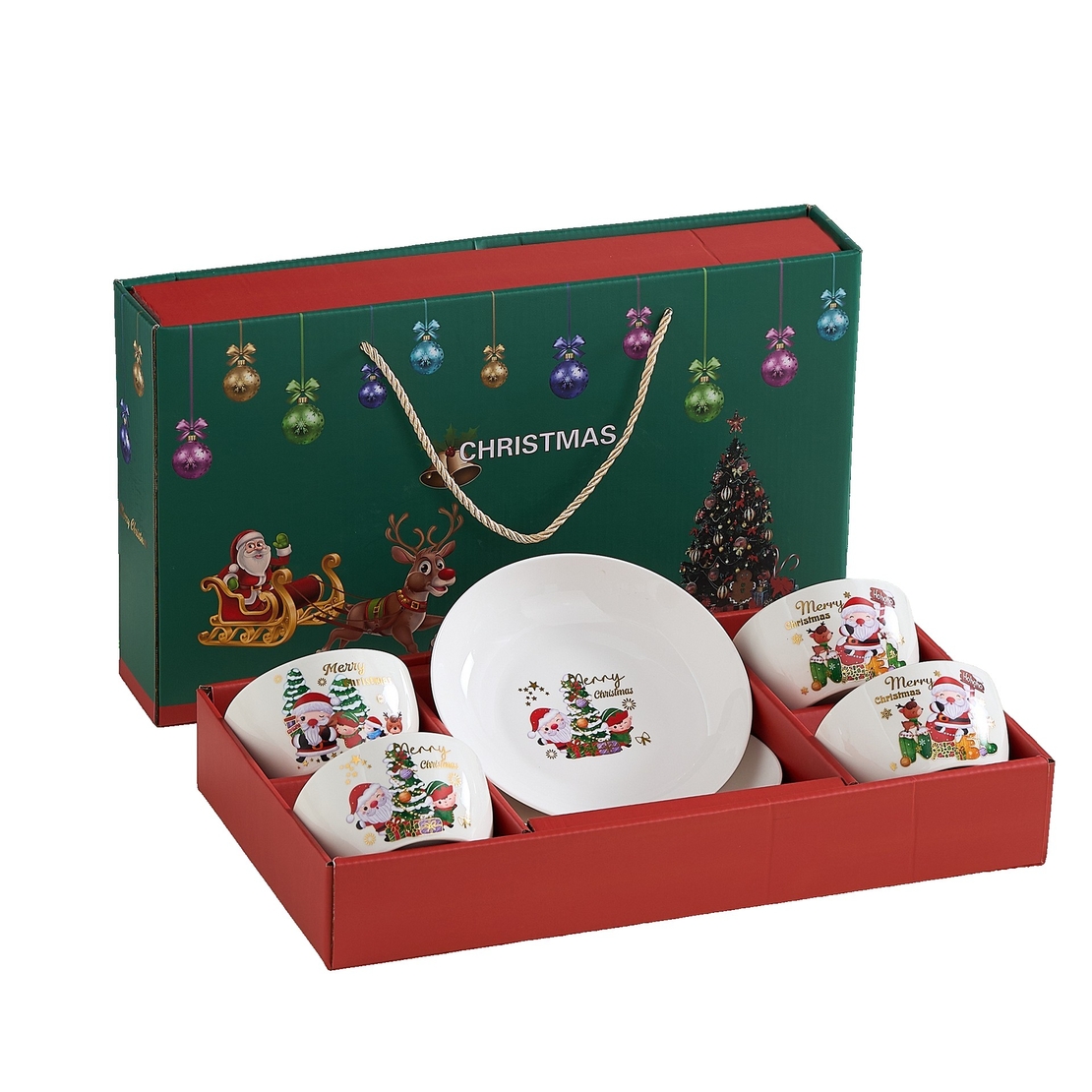 Set Vesela Festiva, Flippy, Tema Craciun, 4 x Boluri 300 ml, 2 x Farfurii 18 x 3.4 cm, din Ceramica, Model 3, Multicolor