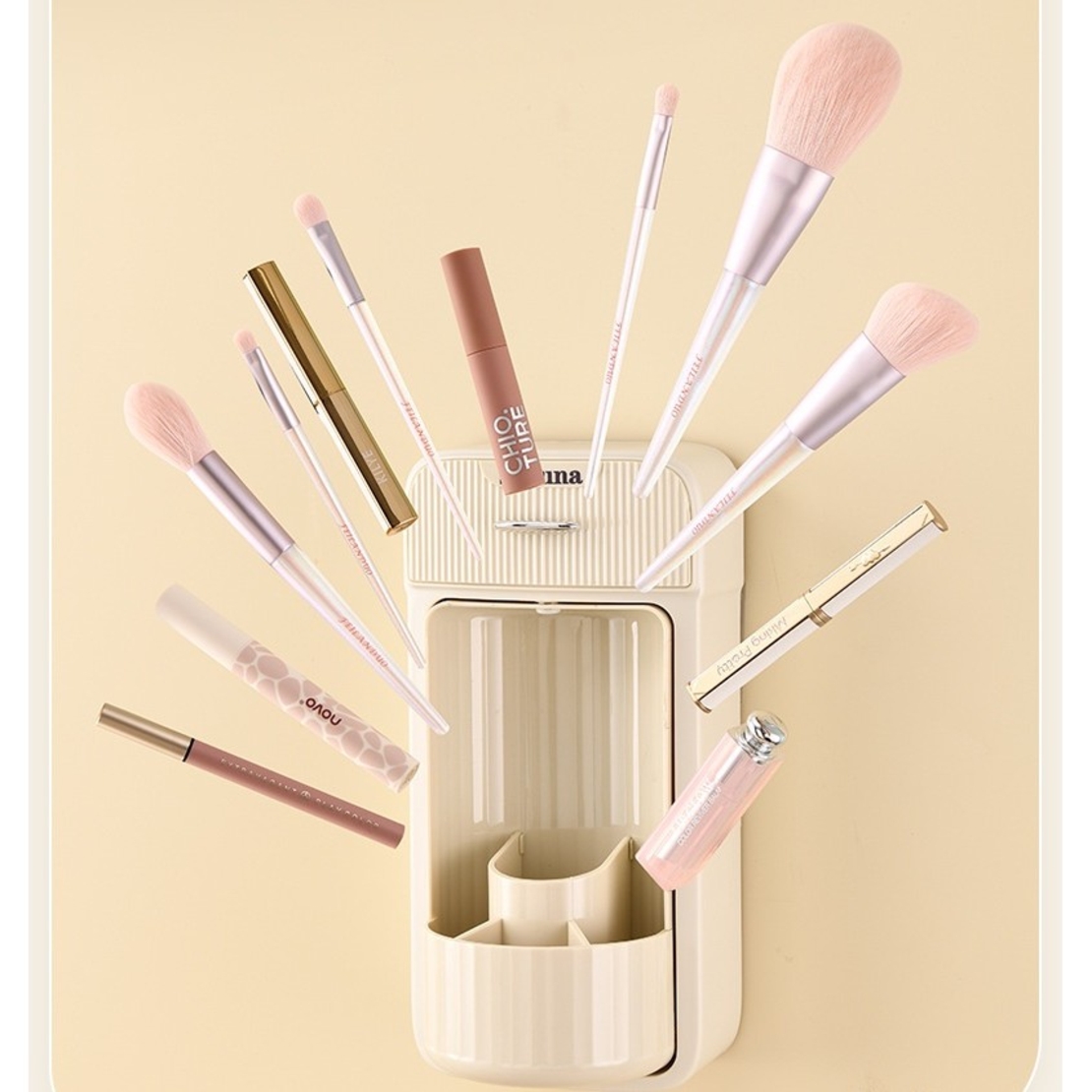 Organizator Baie, Flippy, 4 Compartimente si 1 Sertar, Rotire 360 Grade, din PP+PET, 27.5 x 16 x 11 cm, Crem