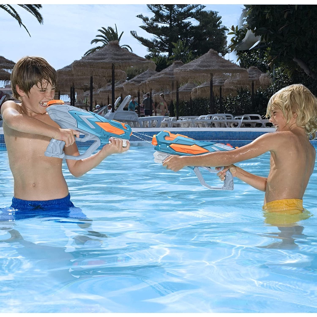 Set 2x Pistol cu Apa pentru Copii, Rezervor, Pentru Piscina/Plaja, Flippy, 6ani+, Roz + Albastru, 4 duze, 900 ML