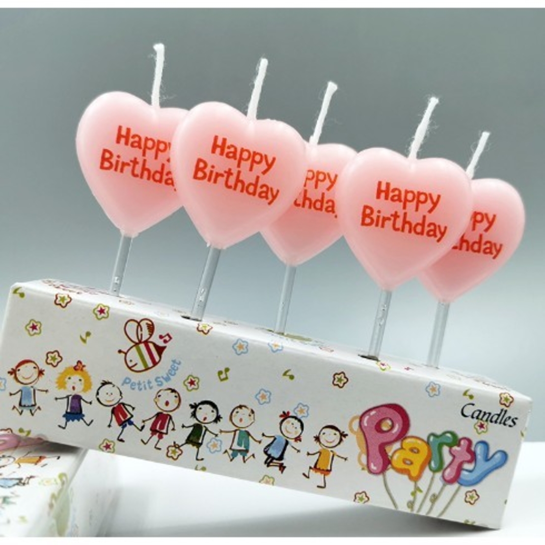 Set 5 Lumanari de Tort, Flippy, Model Inima, Text Happy Birthday, 2.5 x 2.5 cm, din Ceara, Multicolor
