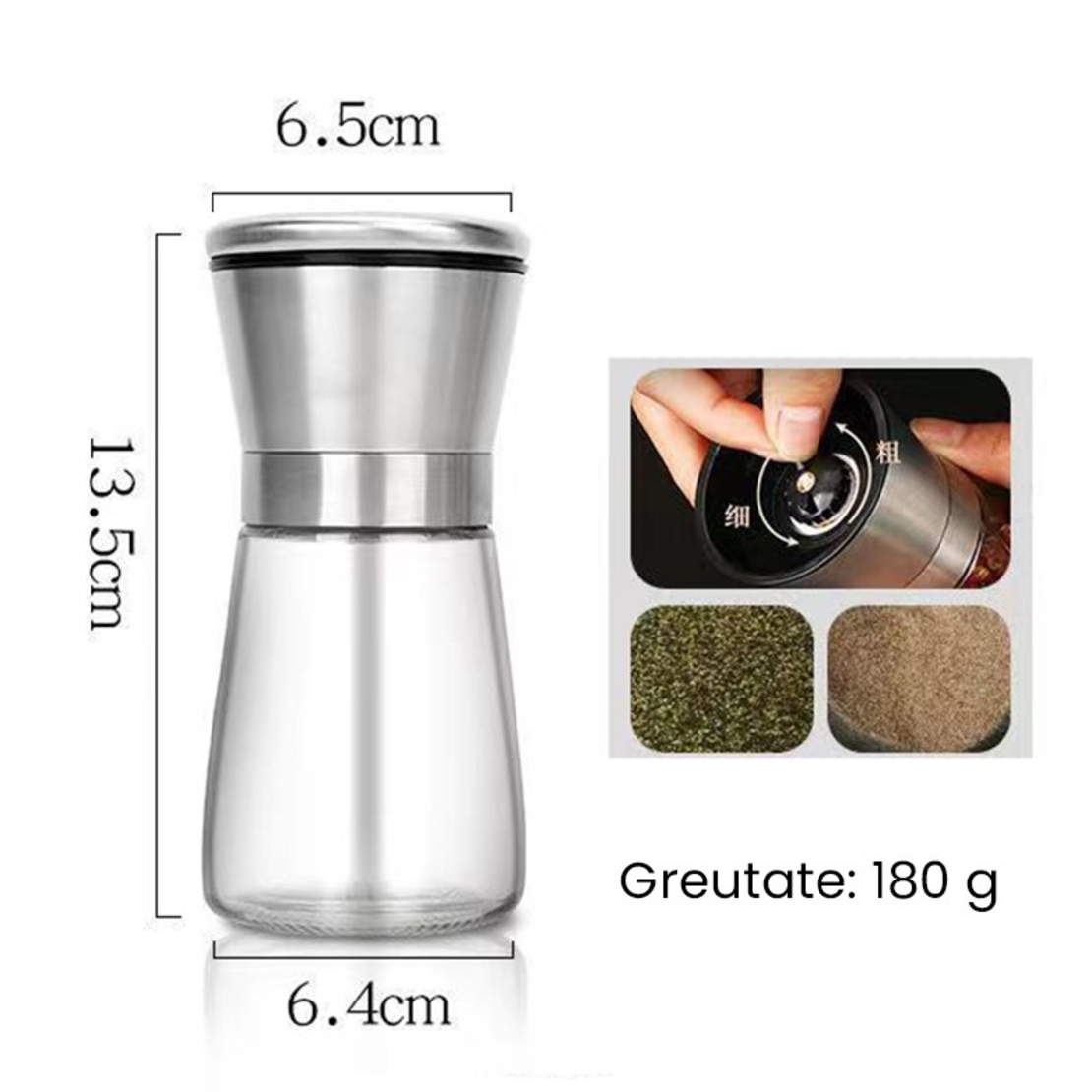 Rasnita Manuala pentru boabe, Flippy, Rasnita pentru Piper Sare Cafea, din Sticla cu Otel inoxidabil, 13.5 x 6.5 cm, volum 180 ml, Transparenta cu Capac din Inox