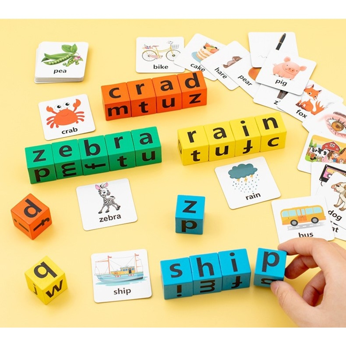 Joc cu Blocuri din Lemn, Flippy, Formare Cuvinte, Cartonase cu Obiecte si Animale, Clopotel, Joc pentru 4 Persoane, 3 Ani+, 28x15.5x5 cm, Multicolor