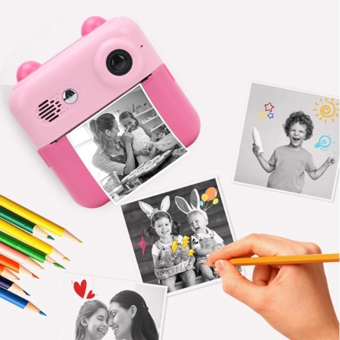 Camera Instantanee pentru Copii, Flippy, cu Functie de Printare, Cablu USB-C, Bluetooth, compatibil iOS/Android, Imprimare APP, Model Urechi, Snur Subtire Inclus, Roz