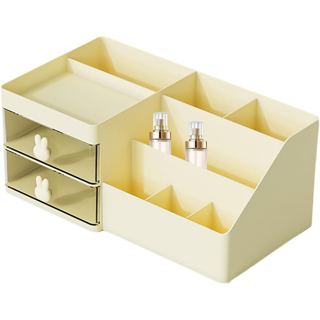 Cutie de Depozitare pentru Birou, Flippy, Pentru Makeup, Papetarie, Organizator Cosmetice, 2 Sertare si Compartimente Multiple, Model Iepuras, Plastic, 27.5x15.5x12 cm, Crem