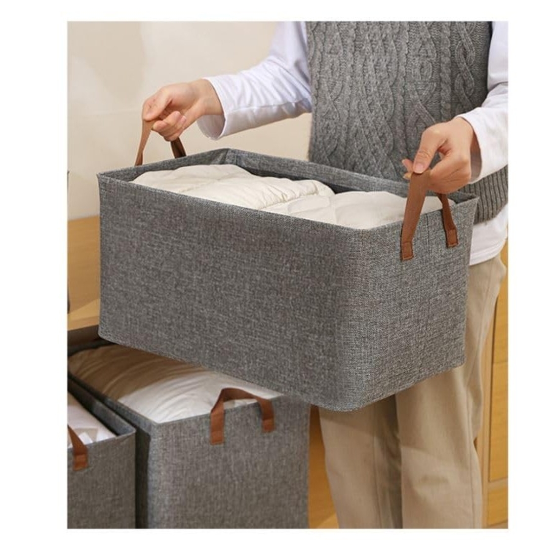 Cutie de Depozitare Tip Cos, Flippy, Material Textil, Pliabila, 47x28x20 cm, 35 l, Cadru Metalic, cu Manere, Maro