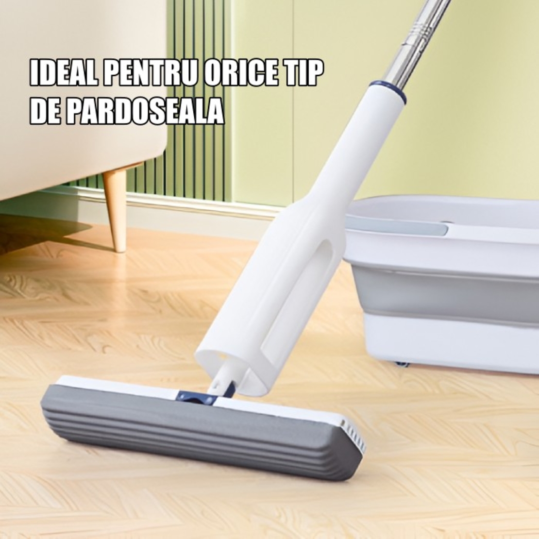 Set Mop Telescopic cu Galeata Pliabila, Flippy, Gri, 32 cm, Maner Reglabil 140 cm, Sistem de Stoarcere Usor si Eficient