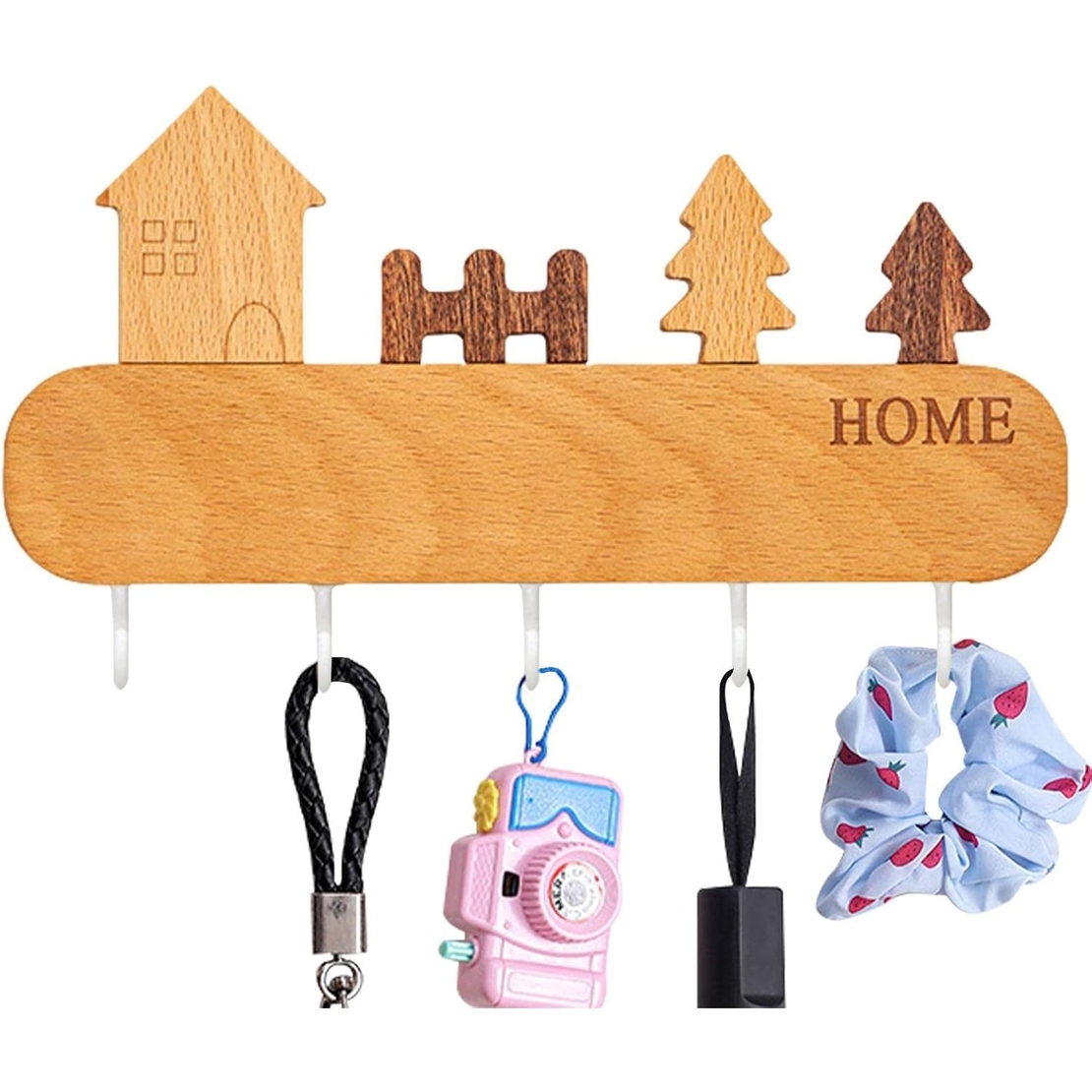 Suport pentru Chei, Flippy, din Lemn, Aplicare fara Perforare, Adeziv Inclus, 5 Carlige Albe, Model Casuta, Greutate Suportata 5 kg, 13.5 x 23 cm, Maro