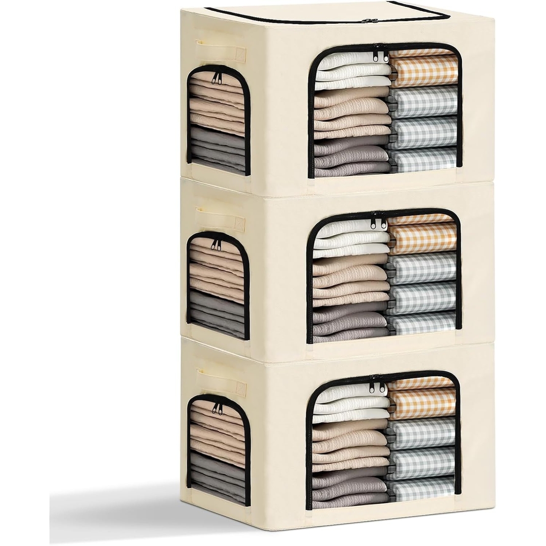 Cutie de Depozitare, Flippy, cu 3 Ferestre cu Fermoar Bidirectional, Cadru din Otel, Impermeabil, 38L, 42 x 30 x 30 cm, Bej