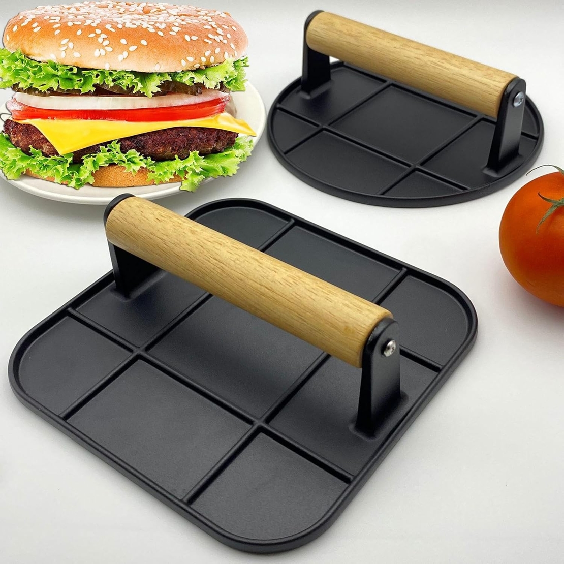 Presa Manuala pentru Carne, Flippy, din Aliaj de Aluminiu, Maner din Lemn, Presa pentru Burgeri, Usor de Curatat si Folosit, Rotunda, 16x16x6 cm, Neagra