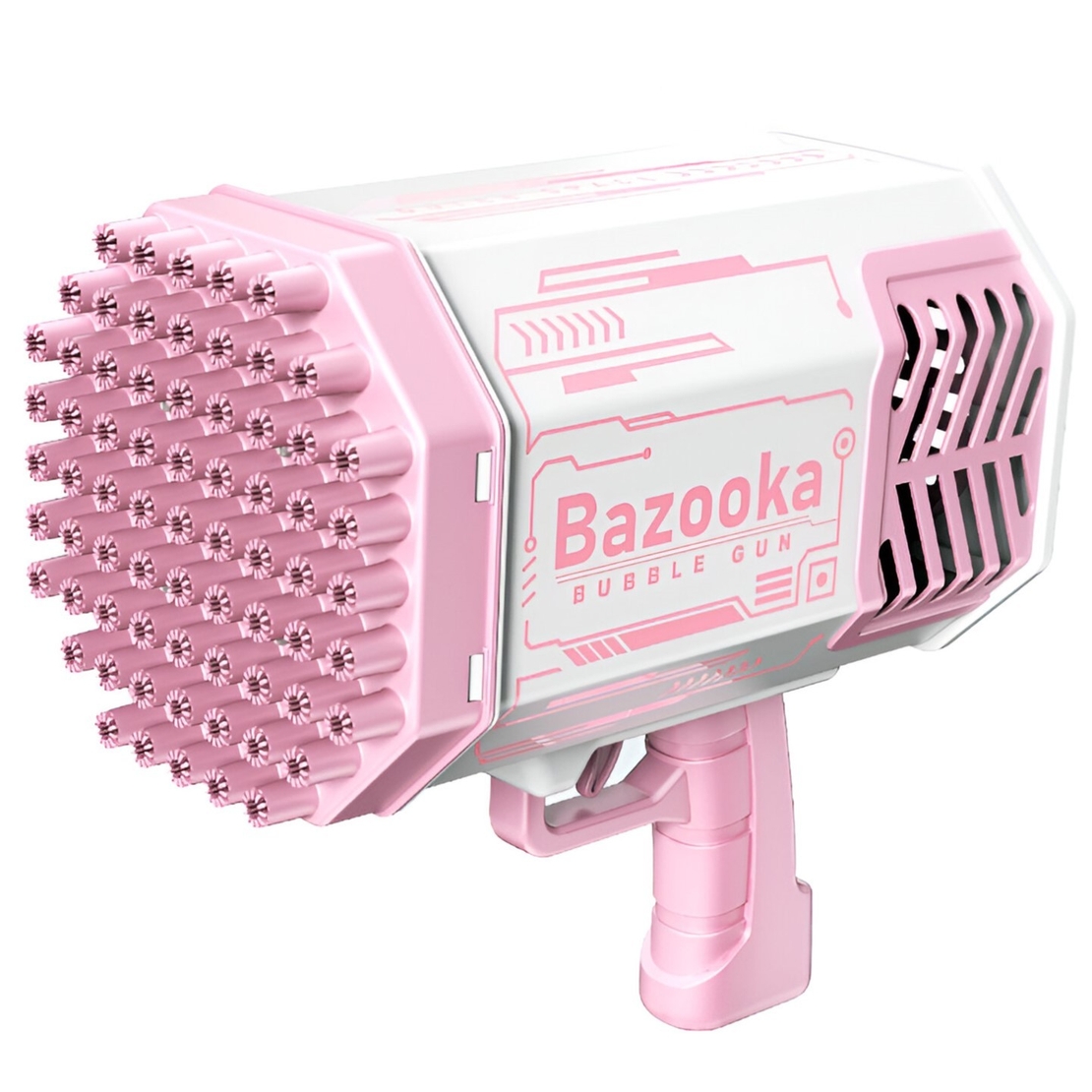 Pistol pentru Baloane de Sapun, Flippy, 69 de Gauri, Lumini Colorate, Tavita, Lichid, Baterie de Li, Cablu de Incarcare, 24cm x 14cm x 24cm, Roz