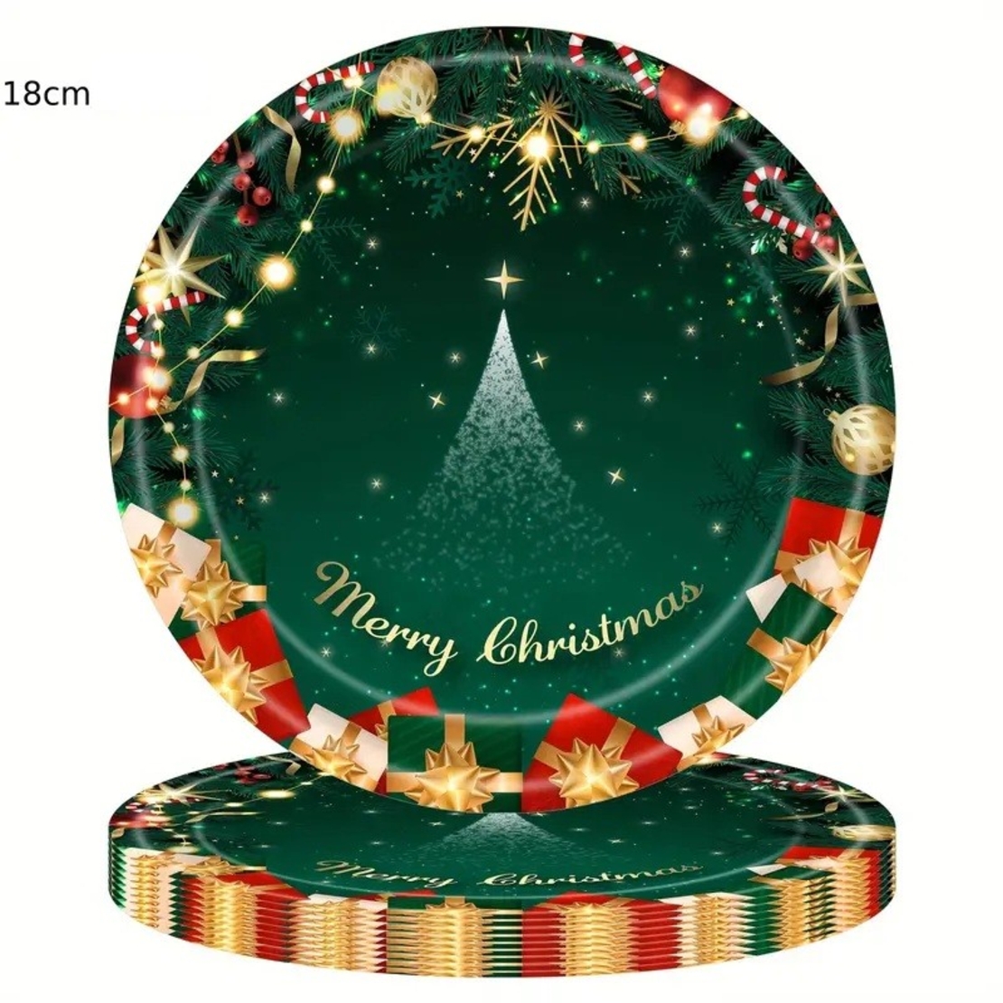 Set 16 Farfurii de Unica Folosinta, Flippy, Model Brad de Craciun Merry Christmas, Tematica Craciun, 18 cm, Verde