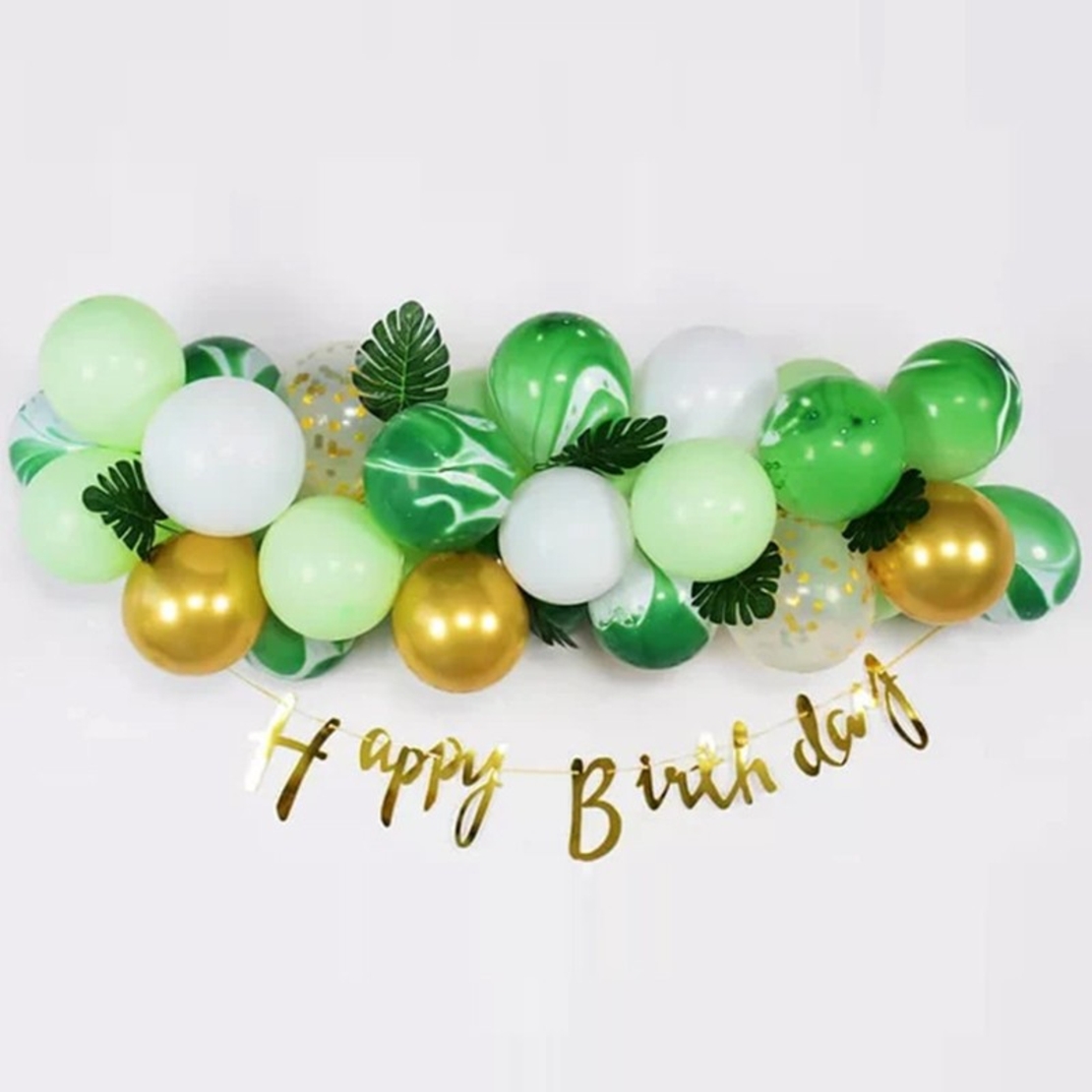 Baloane decorative din Latex si Banner Happy Birthday, Flippy, Model Aniversare, Set 37 de Piese, Verde, Auriu, Alb